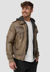 Indicode Herren Aaron Lederjacke mit Abnehmbarer Kapuze Khaki/Grau/Braun/Beige/Dunkelgrün
