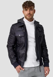 Indicode Herren Aaron Lederjacke mit Abnehmbarer Kapuze Dunkelblau/Blau