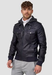 Indicode Herren Aaron Lederjacke mit Abnehmbarer Kapuze Dunkelblau/Blau