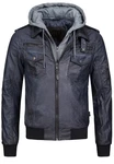 Indicode Herren Aaron Lederjacke mit Abnehmbarer Kapuze Dunkelblau/Blau