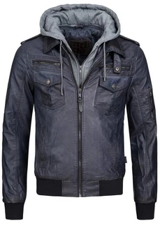 Indicode Herren Aaron Lederjacke mit Abnehmbarer Kapuze Dunkelblau/Blau