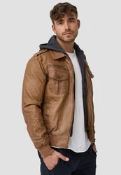 Indicode Herren Aaron Lederjacke mit Abnehmbarer Kapuze Braun/Khaki/Beige/Dunkelbraun