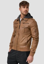Indicode Herren Aaron Lederjacke mit Abnehmbarer Kapuze Braun/Khaki/Beige/Dunkelbraun