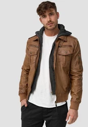 Indicode Herren Aaron Lederjacke mit Abnehmbarer Kapuze Braun/Khaki/Beige/Dunkelbraun