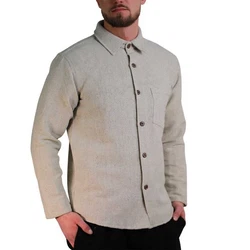 KUNST UND MAGIE Langarmhemd Fischerhemd Freizeithemd Khaki/Weiß/Beige/Grau