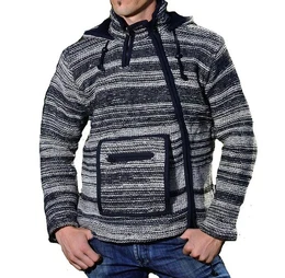 Kapuzenstrickjacke Baja Nepal Strickjacke Poncho Pullover Wolle+Fleecefutter Zipfelkapuze