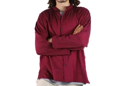 KUNST UND MAGIE Langarmhemd Herren Fischerhemd Freizeithemd Dunkelrot/Bordeaux/Rot