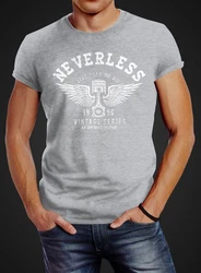 Neverless Print-Shirt Herren T-Shirt Biker Motorrad Motorblock Engine Flügel Wings Slim Fit Grau/Rosa/Silber/Lila
