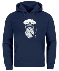 Neverless Hoodie Herren Sweatshirt Totenkopf Kapitän Dunkelblau/Blau