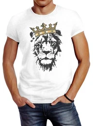 Print-Shirt Herren T-Shirt Knig der Tiere Lwen-Kopf mit Krone Slim Fit mit Print
