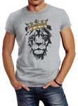 Neverless Print-Shirt Herren T-Shirt König der Tiere Löwen-Kopf mit Krone Braun/Grau