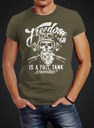 Neverless Print-Shirt Herren T-Shirt Biker Motorrad Motiv Freedom is a full Tank Skull Dunkelgrün/Khaki