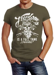 Neverless Print-Shirt Herren T-Shirt Biker Motorrad Motiv Freedom is a full Tank Skull Dunkelgrün/Khaki