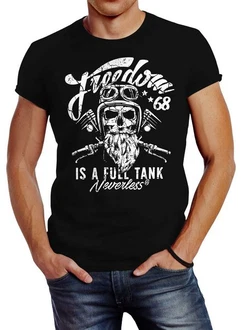 Neverless Print-Shirt Herren T-Shirt Biker Motorrad Motiv Freedom is a full Tank Skull Rosa/Braun/Dunkelgrau/Lila/Schwarz/Grün