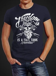Neverless Print-Shirt Herren T-Shirt Biker Motorrad Motiv Freedom is a full Tank Skull Blau/Dunkelblau/Rosa