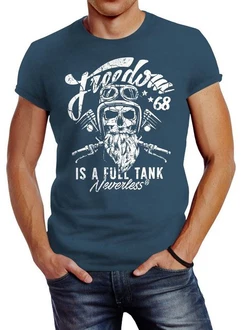 Neverless Print-Shirt Herren T-Shirt Biker Motorrad Motiv Freedom is a full Tank Skull Blau/Dunkelblau/Grün/Türkis