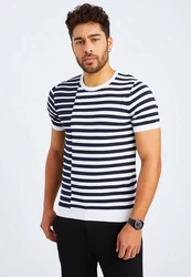 Leif Nelson T-Shirt Feinstrick Rundhals LN-7660 Weiß/Schwarz/Dunkelblau/Blau