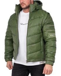 Bomberjacke Herren Echtleder Jacke 22RS32LUX Kaki XS mit abnehmbaren rmeln und Kapuze
