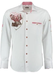 OS-Trachten Trachtenhemd Irono Langarmhemd mit Motivdruck Weiß/Dunkelrot/Rot/Creme/Beige