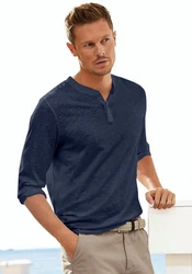 H.I.S Henleyshirt Langarm mit Knopfleiste Dunkelblau/Blau