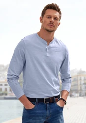 H.I.S Henleyshirt Langarm mit Knopfleiste Hellblau/Blau/Grau