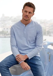 H.I.S Henleyshirt Langarm mit Knopfleiste Hellblau/Blau/Grau