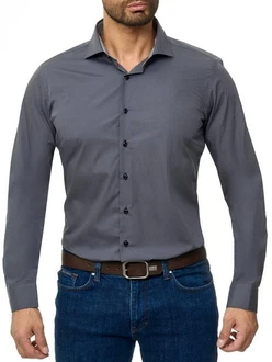 BARBONS Businesshemd Tailored-Fit Langarm Dunkelgrau/Dunkelblau/Grau