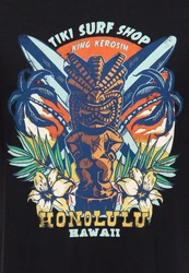 KingKerosin Print-Shirt Tiki Surf Shop Blau/Beige/Dunkelblau