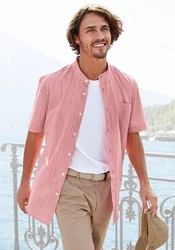 H.I.S Kurzarmhemd Regular Fit Stehkragenhemd Rosa/Rot