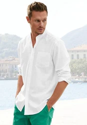 H.I.S Langarmhemd Regular Fit Stehkragenhemd Weiß/Creme