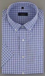 Klassische Bluse COMFORT FIT Kurzarm Hemd blau-wei kariert 2374-12-K294