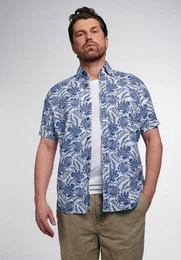 Klassische Bluse REGULAR FIT UPCYCLING SHIRT Kurzarm Hemd leinen blau floral
