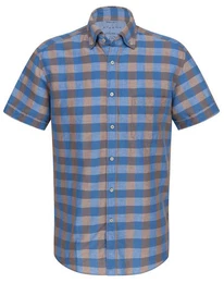 Klassische Bluse REGULAR FIT UPCYCLING SHIRT Kurzarm Hemd oxford blau-braun