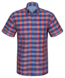 Klassische Bluse REGULAR FIT UPCYCLING SHIRT Kurzarm Hemd oxford rot-blau karier