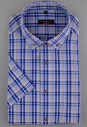 Klassische Bluse MODERN FIT Kurzarm Hemd blau-wei-sand kariert 2375-16-C29U