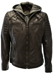 Lederjacke Carlo mit abnehmbarer Kapuze, Cognac, Schwarz, Dunkelbraun
