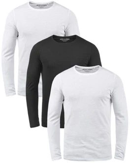 Jack & Jones Langarmshirt Basic Shirt mit Rundhalsauschnitt Grau/Dunkelblau/Weiß