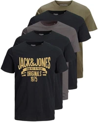Jack & Jones Print-Shirt (5er-Pack) T-Shirts mit Aufdruck Khaki/Dunkelgrün