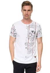 Rusty Neal T-Shirt Used-Look Allover-Print Braun/Creme/Rot/Weiß