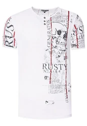 Rusty Neal T-Shirt Used-Look Allover-Print Braun/Creme/Rot/Weiß