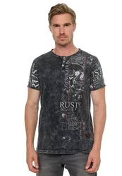 Rusty Neal T-Shirt Used-Look Allover-Print Schwarz/Dunkelgrau/Braun/Grau