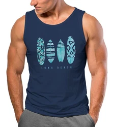Neverless Herren Tanktop Surfing Fashion Aufdruck Long Beach Surfboard Blau/Dunkelblau/Türkis/Hellblau