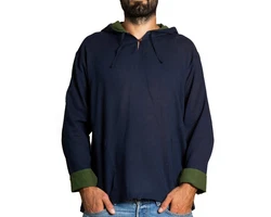 PANASIAM Kurzarmhemd Herren Hoodie mit Kapuze Fisherman Shirt Grün/Dunkelblau/Blau