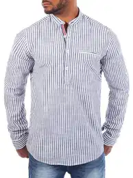 Langarmhemd Herren Baumwoll Leinen Mix Tunika Hemd 8454 Regular Langarm Stehkragen Gestreift