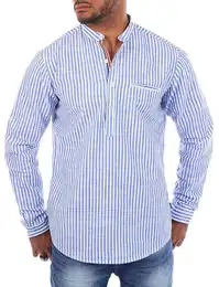 Langarmhemd Herren Baumwoll Leinen Mix Tunika Hemd 8454 Regular Langarm Stehkragen Gestreift