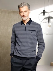 Hajo T-Shirt Langarm-Poloshirt Grau/Dunkelblau/Hellgrau/Blau