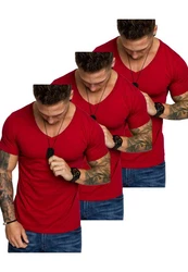 Amaci&Sons T-Shirt EUGENE Herren 3er-Pack Basic Oversize V-Ausschnitt Rot/Dunkelrot