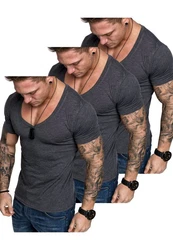 Amaci&Sons T-Shirt EUGENE Herren 3er-Pack Basic Oversize V-Ausschnitt Dunkelgrau/Grau/Schwarz/Hellgrau