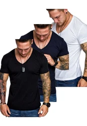 Amaci&Sons T-Shirt EUGENE Herren 3er-Pack Basic Oversize V-Ausschnitt Dunkelblau/Weiß/Creme/Schwarz/Blau