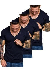 Amaci&Sons T-Shirt EUGENE Herren 3er-Pack Basic Oversize V-Ausschnitt Dunkelblau/Hellblau